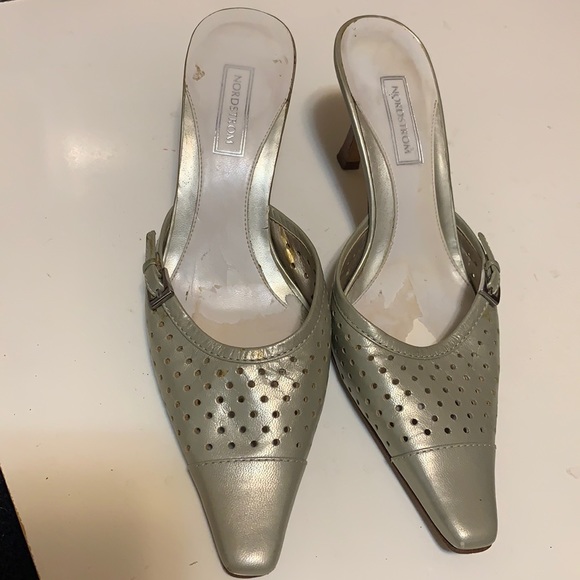 NORDSTROM Leather SLIP ON POINTY TOE HEELS SHOES GREEN Size 6 HEEL MULE - Picture 3 of 9